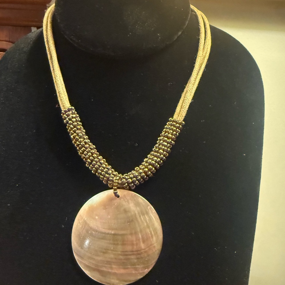 Lia Sophia Corded Bronze Beaded Necklace MOP Mother of Pearl Pendant 16” - Picture 3 of 7
